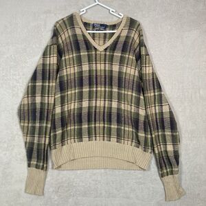 Polo Ralph Lauren Sweater Mens XL Green Plaid V-Neck Linen Cotton Blend Pullover
